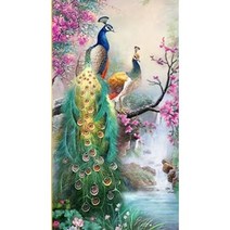 폭포와 공작새부부 보석십자수 비즈 공예 도안, 06.90x160