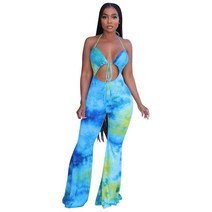 강아지 점프 슈트 ANJAMANOR Brown Multi Pzzo Jumpsuit 여성 의류 한 클럽 Wide Leg Romper Dropshipping, [02] M, 02 파란_02 M