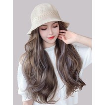 모자 가발 여름 자외선 차단 크림버킷햇 일체형 긴곱슬, B, 1개