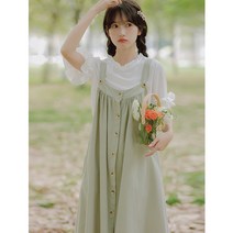 여름 스위트 스쿨룩 싱글버튼 프레시 그린 멜빵스커트에 하트백까지.