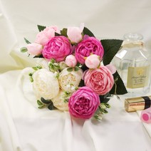 작약 라넌큘러스 조화 부쉬 꽃다발 꽃꽂이 인테리어 소품 꽃 소품 결혼 부케 성묘 조화 꽃다발, 핫핑크