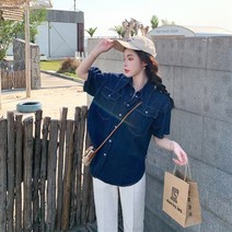 Yanda 여성 빅사이즈 데님 청셔츠 오버핏 미디 반팔 청남방