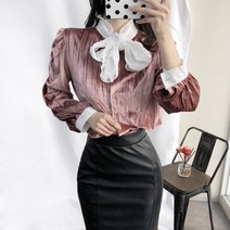 플리츠 벨벳 리본 타이 주름 셔링블라우스 3color