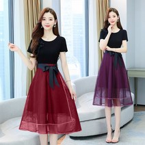 분위기 페이크 투웨이 반팔 원피스 여자 여름 허리를 여미고 날씬해 보이는 요즘 유행하는 선녀 롱스커트 레드 M