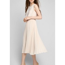 (화이트 핑크베이지 네이비)청순한 민소매 플리츠 쉬폰 미디롱원피스 라운드넥 솔리드컬러