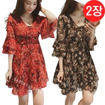 리더퀸 2-B-395 여성원피스 반팔원피스 블랙 레드 2장 쉬폰 플라워 원피스 반팔 미디원피스