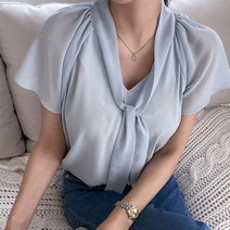 여자 보우 타이 여름반팔 쉬폰 캡소매 블라우스