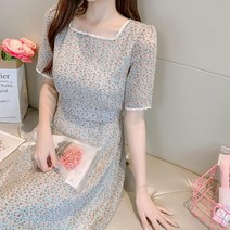 여자 스퀘어넥 잔꽃 슬림 반팔 쉬폰 샤랄라 원피스