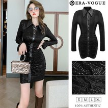EraVogue 펀칭 pu가죽 싱글 셔링 긴팔 스팽글 랩원피스 5533