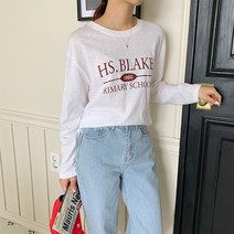 티탁 여성 데일리 기본핏 라운드넥 배색 레터링 프린팅 린넨 긴팔 티셔츠 TTCB41
