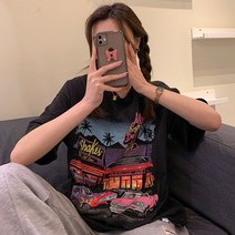 남녀공용 여름 캐주얼 티셔츠 그림 프린트 루즈핏 반팔 티셔츠