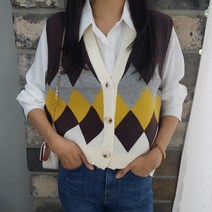 상상그이상 여성용 배색 다이아 니트조끼 부드러운 필수 블라우스 코디세트 오픈형 베스트 여유있는 사이즈 가벼우면서 따뜻한 코디걱정없는 이너 레이어드 조끼세트