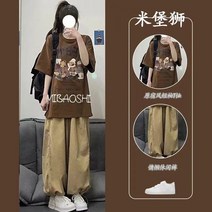 CIUUC CIUUC 새로운 여름 시원한 소녀는 복고풍 곰 짧은 소매 티셔츠를 입고 여학생 발가락 랜턴 바지 투피스, 싱글 짧은 소매, 2XL 추천 115-130kg