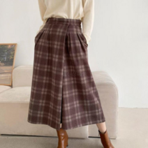 옷자락 여자 체크 울혼방 모직 기모 뒷밴딩 큐롯 팬츠