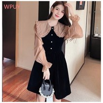 WPUY 가을 기질 나팔소매 금실털 긴팔 원피스 봉봉 드레스 작은 블랙 스커트.