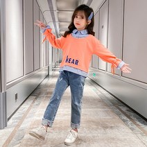 [삐삐네옷가게] 여아 주니어 스트라이프 리본 봄 가을 청바지 상하 초등학생 세트