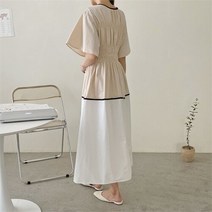 [천삼백케이] [코지23] 여자 화사한 여신 집들이 코디 배색 화사한 롱원피스