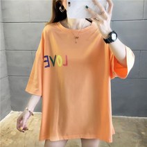 [뽐나] 여성 빅사이즈 레인보우 러브 레터링 뒷면 꽃 그림 반팔 티셔츠 긴팔