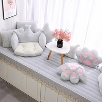 윈도우 시트 침실 아파트 거실 벤치 쿠션 창틀 매트 창가 소파 공간 발코니 의자 창틀매트 쿠션 세트, 토끼 봉제 레이스-실버 그레이