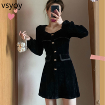 vsyoy 대형 여성 봄과 가을 새로운 chenille 드레스 뚱뚱한 자매 복고풍 슬림 스퀘어 칼라 기본 작은 검은 치마