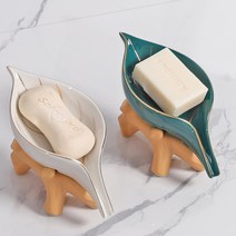 비누받침대 세라믹 비누 받침 물빠짐 비누트레이 북극곰 칫솔걸이 실리콘 칫솔홀더, 나뭇잎_화이트