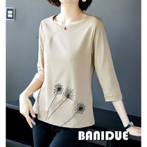 [바니드] 여성 미시룩 7부티셔츠 꽃무늬 언발 라운드넥 3378