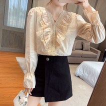 레이스브라우스 만격 기 할인점 상점 전문점 철수함 캐비닛 여성의류 브이넥 궁정풍 셔츠 4811662653, M, 베이지칼라