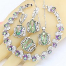 토파즈 목걸이 14k 18k 팬던트 여성 여성용 실버 컬러 쥬얼리 세트 레인보우 멀티 팔찌 귀걸이 반지 펜던트 선물 상자