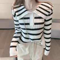 가을 겨울 인형 칼라 스트라이프 숏 스웨터 Ins 멋진 소녀의 겉옷 서양식 유휴 스타일 하는 탑