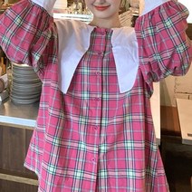 베이비 빅 카라 체크무늬 자수 긴팔 루즈핏 오버핏 라운드넥 여자 귀욤 셔츠 블라우스 남방