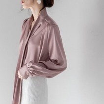 여성 고급 샤틴 블라우스 리본 끈 블라우스 느슨하고 쎄련된 긴소매 블라우스 4칼라