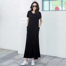 발목부터 발목까지 오는 여름 원피스 롱 드레스 발목 높이 롱 여름 신작 블랙 반팔 루즈한 드레스 슈퍼 한국식 포켓 빅 스윙 캐주얼 라운드 넥 우든 모달 바텀 롱 스커트 블랙 S 스