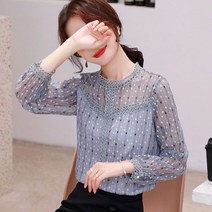 밀크봉봉 여성용 라운드넥 레이스 긴팔티