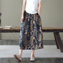ONEPICK [안심구매 무료교환] 여성 여름 복고 에스닉 프린트 면마 스커트 허리밴딩 라인 미디엄