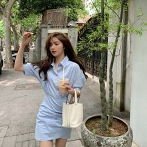 지수미 언발 러블리 슬림 슬릿 피크닉 스트링 플럼 셔링 셔츠 반팔 캐주얼 데일리 미니 원피스