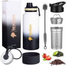 Lexlion 물병 946.4ml(32온스) 3중 벽 단열 스테인리스 스틸 재사용 가능 넓은 입구 과일 디퓨저-보온 잎 인퓨저 실리콘 슬리브 및 클리닝 브러시 뚜껑 3개 누출 방지, 32 OZ, Day&Night, Day&Night