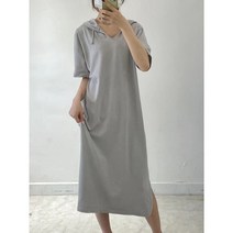 오르네트 여성 무지 후드 반팔 롱 니트 원피스 밑단 트임 루즈핏