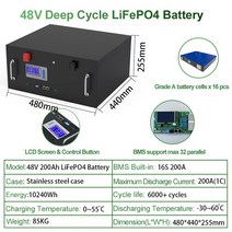 태양광인버터 파워월 내장 인버터 LiFePO4 배터리 팩 6000 사이클 플러그 앤 플레이 가정용 태양광 시스템용 PV 48V 100AH 2 in 1 5KWH, 4.48V 200ah Rack