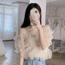 어깨트임 오프 숄더 워드 넥 쉬폰 셔츠 용 틈새 프렌치 스위트 앤 스파이시 시크 버블 반팔 반팔 반팔 여름 여성