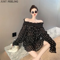 JUST FEEL!NG 여성 여름 루즈핏 오프숄더 쉬폰 도트 블라우스 선탑 셔츠