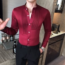 남성 드레스 셔츠 턱시도 프론트 플리츠 스몰 스탠드 칼라 솔리드 긴팔 블라우스 파티