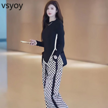 VSYOY 초가을 니트 스포츠 캐주얼 슈트 여성 인터넷 연예인 패션 서양식 연령 감소 슬리밍 한국 스타일 와이드 레그 팬츠 투피스 세트