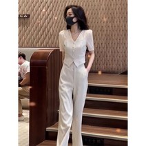 Lsnow 유럽 패션 감소 정장 2022 여름 새로운 고급 라이트 성숙한 Yujie 스타일 와이드 레그 바지 두 조각의 유행
