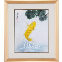[ 진품 ] 그린 국내 유명 작가 의천 백수현 화백 잉어그림 황금잉어와 소나무 생기 풍수에 좋은 그림 합격 승진 학업 등용 출세 건강 재물 현관 침실 공부방 거실 사업장 연화랑, 4번 화이트 입체액자