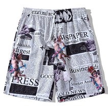 Dline 빈티지 신문 Angel Print Hawaiian Beach Shorts 남자의 대형 서핑 해변 패션 바지 스포츠 농구 반바지 달리기 트레이닝 반바지 농구복 조던 반바지