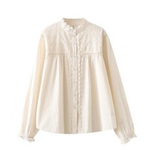 레이스 공주풍 베이지 프릴 스탠트 칼라 레트로 복고풍 셔츠 블라우스