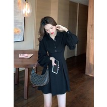 QWEEK 패션 블랙 랩 셔츠 드레스 여성 사무실 숙녀 우아한 짧은 한국 스타일 Kpop 캐주얼 가운 가을 2022