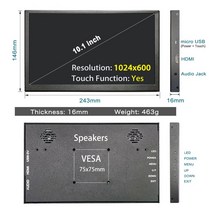 10.1 인치 LCD 디스플레이 터치 스크린 HD 2560x1600 IPS 휴대용 모니터 PS4 Xbox 시리즈 라즈베리 파이 pc용 듀얼 스피커 포함, [02] Touch 1024x600