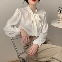 타이블라우스 우아한 여성 블라우스 화이트 쉬폰 버튼 업 롱 슬리브 탑 오피스룩 패션