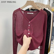 JUST FEEL!NG 여름신상 슬림 가디건 여성 긴팔 자외선 차단 아이스 니트 슬림 보이넥 코트